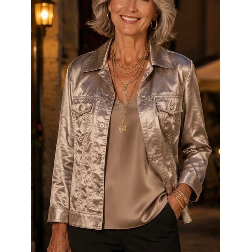 Chico's Womens Jacket Champagne Metallic Gold Medium Shimmer Coat Evening Glam